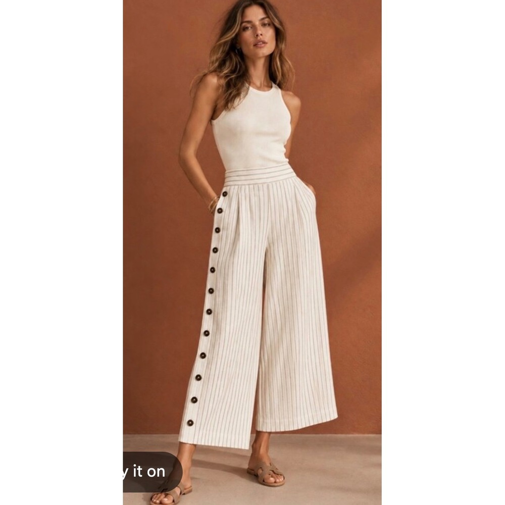 Anthropologie Wide Leg Side Button Pinstripe Pants Cream Tan High Rise Size 4